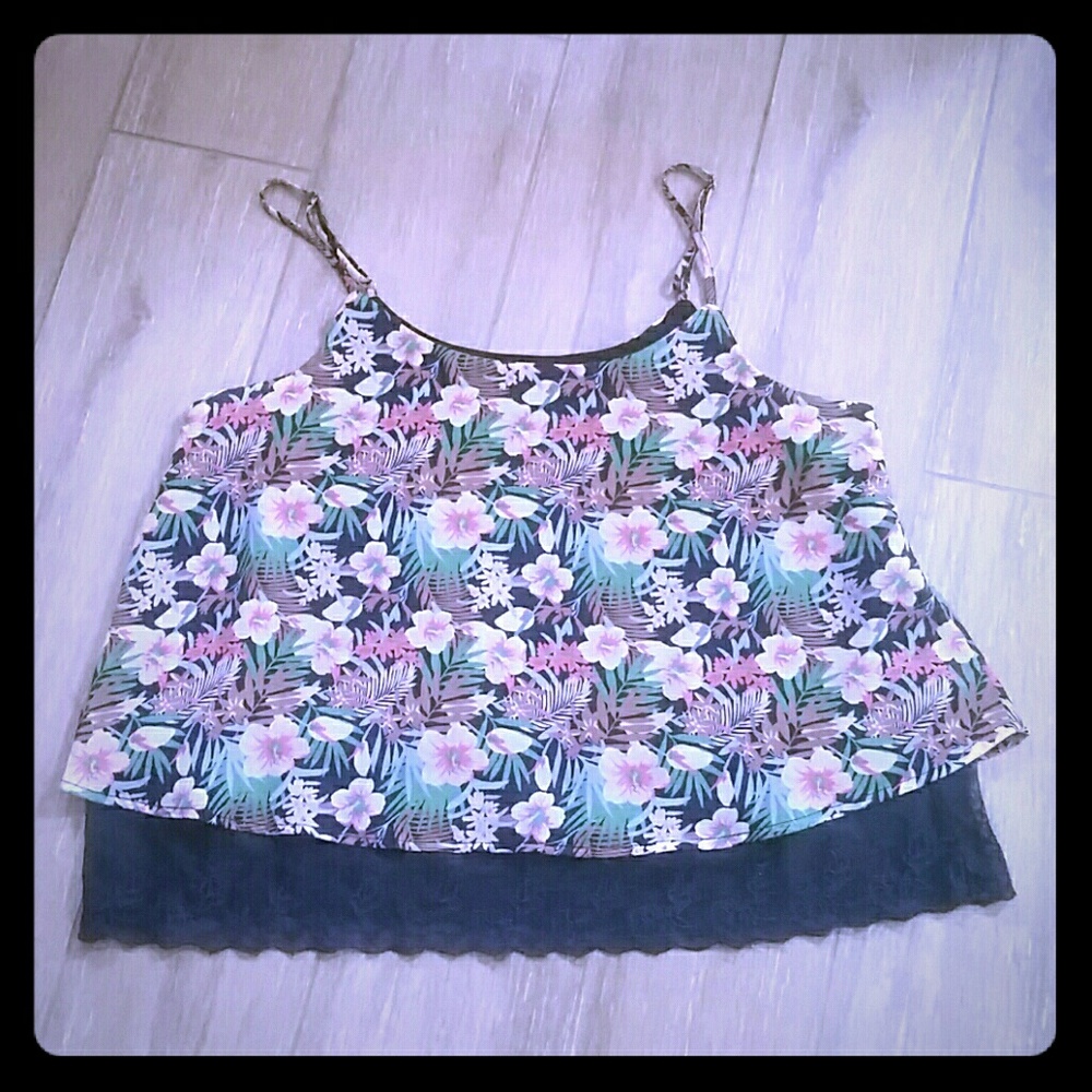 Fifty Street M pink and navy Floral sheer spaghetti strap tank top